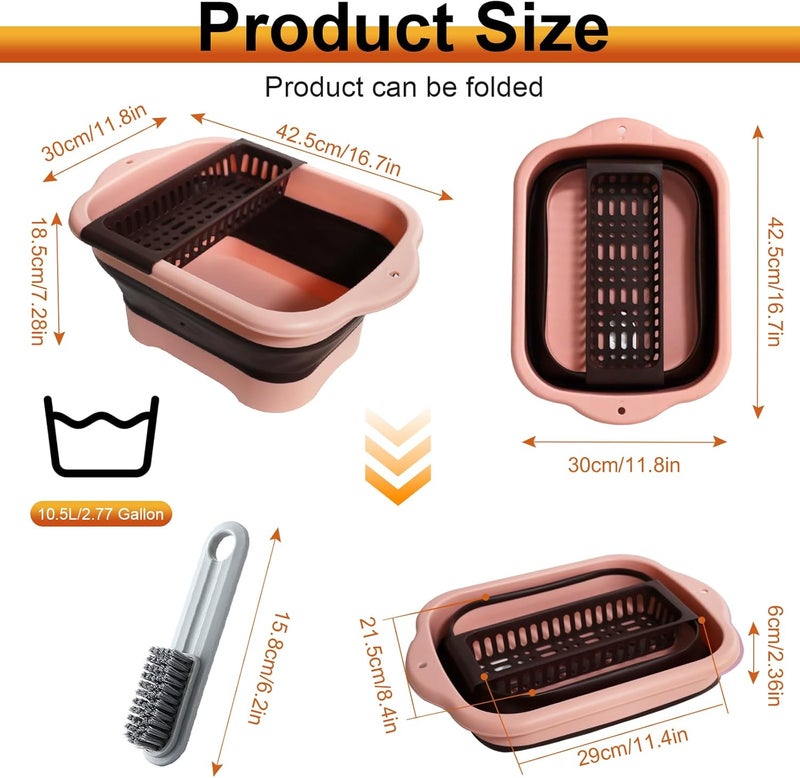 ZINSO 2.77 Gallon (10.5L) Collapsible Dish Basin with Drain Plug, Pink Camping Dish Basin for RV, Space-Saving Foldable Washing Bin, BPA-Free Portable Sink for Vegetables and Dishes - with Brush - Image 2